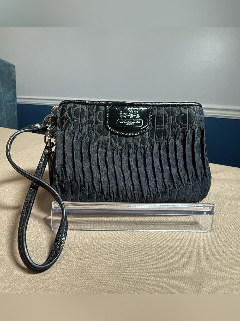 Coach Black Gathered Fabric Small Wristlet with Patent Trim